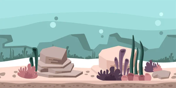 Nahtloser unendlicher Hintergrund für Spiel oder Animation. Unterwasserwelt mit Felsen, Algen und Korallen. Vektorillustration, parallaxenfertig. — Stockvektor
