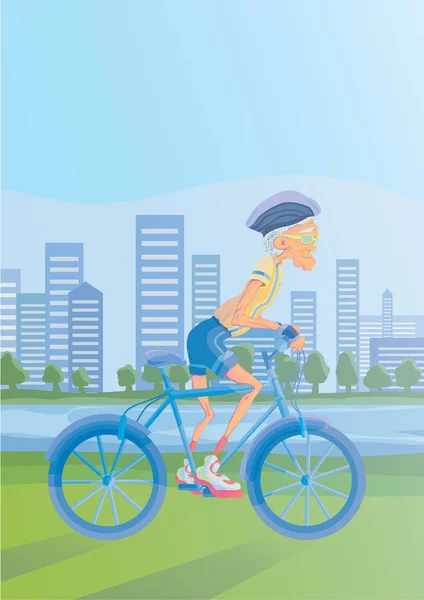 Un anciano montando una bicicleta en un parque a orillas del río. Estilo de vida activo y actividades deportivas en la vejez. Ilustración vectorial . — Vector de stock