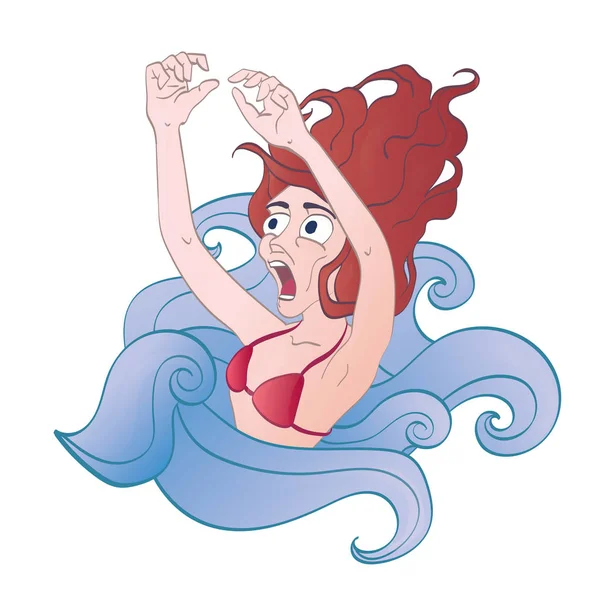 Gritando afogamento na mulher da água. Aquafobia. Ilustração vetorial, isolada sobre branco . — Vetor de Stock