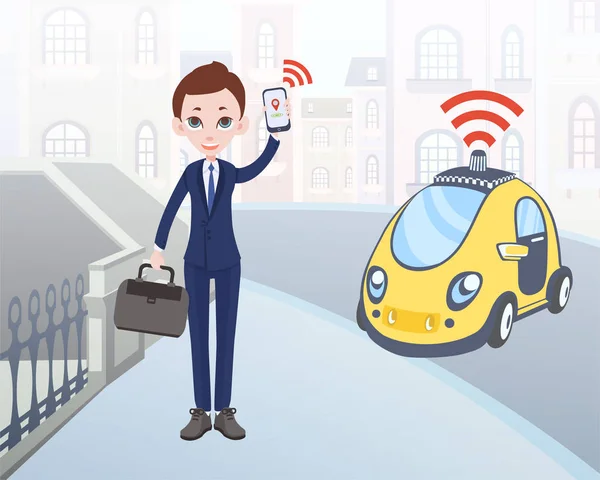 Homem ordenando táxi sem motorista usando aplicativo móvel. Personagem de empresário de desenhos animados com smartphone e carro no fundo da rua da cidade. Ilustração vetorial . —  Vetores de Stock