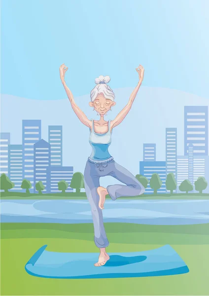 Een bejaarde vrouw praktijk yoga buiten in stadspark, staande op een been. Actieve levensstijl en sport activiteiten op oudere leeftijd. Vectorillustratie. — Stockvector