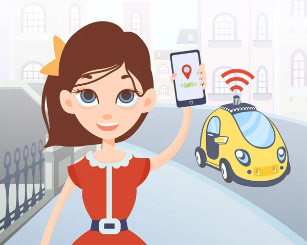 Mulher pedindo táxi sem motorista usando aplicativo móvel. Personagem feminina dos desenhos animados com smartphone e carro no fundo da rua da cidade. Ilustração vetorial . —  Vetores de Stock