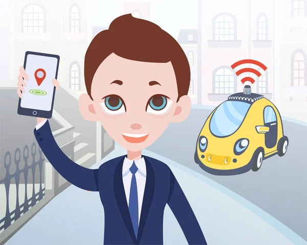 Ο άνθρωπος παραγγελία driverless ταξί χρησιμοποιώντας κινητή εφαρμογή. Επιχειρηματίας χαρακτήρα κινουμένων σχεδίων με το smartphone και το αυτοκίνητο στο δρόμο φόντο πόλη. Εικονογράφηση διάνυσμα. — Διανυσματικό Αρχείο