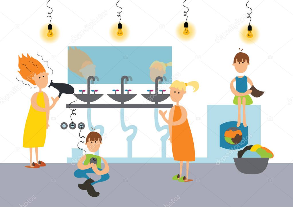 Family in toilet of hostel or communal apartment. Vector.