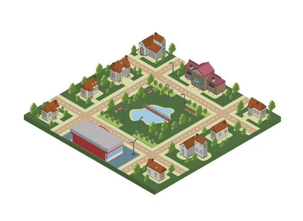 Mapa isométrico de la pequeña ciudad o pueblo rural. Casas privadas, árboles y estanque o lago. Ilustración vectorial, aislada en blanco . — Vector de stock