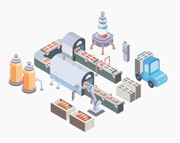 Automatisierte Produktionslinie. Fabrikboden mit Förderband und verschiedenen Maschinen. Vektordarstellung in isometrischer Projektion, isoliert auf weiß. — Stockvektor