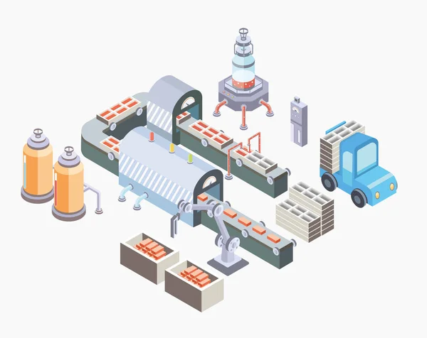 Línea de producción automatizada. Piso de fábrica con transportador y varias máquinas. Ilustración vectorial en proyección isométrica, aislada sobre blanco . — Archivo Imágenes Vectoriales