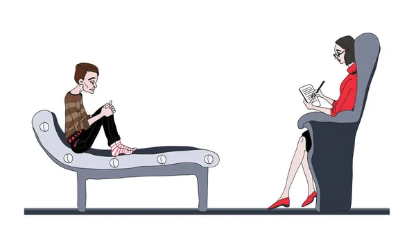 Uma psicoterapeuta e a paciente no sofá. Homem e mulher. Ilustração vetorial, isolada sobre branco . — Vetor de Stock