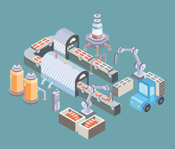 Automated production line. Factory floor with conveyor and various machines. Vector illustration in isometric projection.