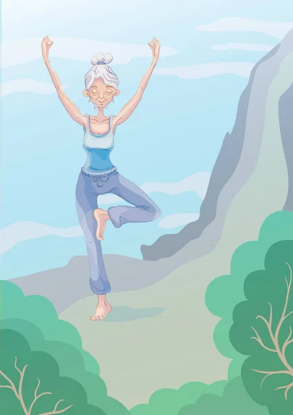 Una anciana practica yoga al aire libre en el borde del acantilado, de pie sobre una pierna. Estilo de vida activo y actividades deportivas en la vejez. Ilustración vectorial . — Vector de stock
