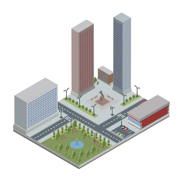 Isometrische stad met wolkenkrabbers, gebouwen, openbaar park en winkel. Centrum en buitenwijken. Vectorillustratie, geïsoleerd op wit. — Stockvector