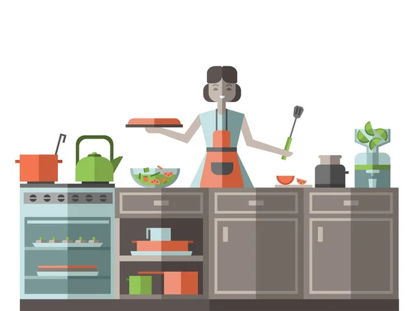 Женщина в фартуке готовит еду на кухне. Векторная иллюстрация, изолированная на белом . — стоковый вектор
