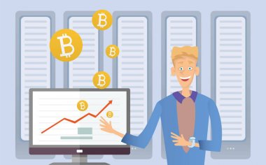 Araştırma bitcoin kavramı. Sunucu odası bilgisayara oturan genç adam. Cryptocurrency araştırma grubu. Vektör çizim.