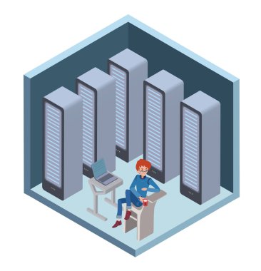 Data center icon, system administrator. Man sitting at the computer in server room. Vector illustration in isometric projection, isolated on white.