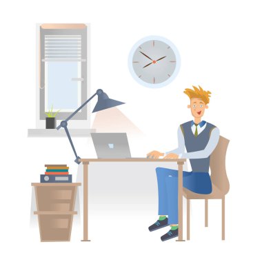 Rahat kıyafetler içinde genç bir adam ile bir dizüstü bilgisayar Office işyerinde oturuyor. Vektör çizim, üzerinde beyaz izole.