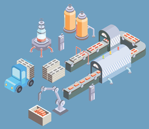 Automated production line. Factory floor with conveyor and various machines. Vector illustration in isometric projection.