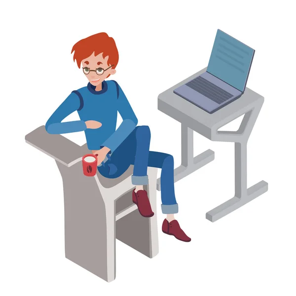 Młody programista z filiżanką kawy siedząc przy komputerze laptop. Ilustracja wektorowa, na białym tle. — Wektor stockowy