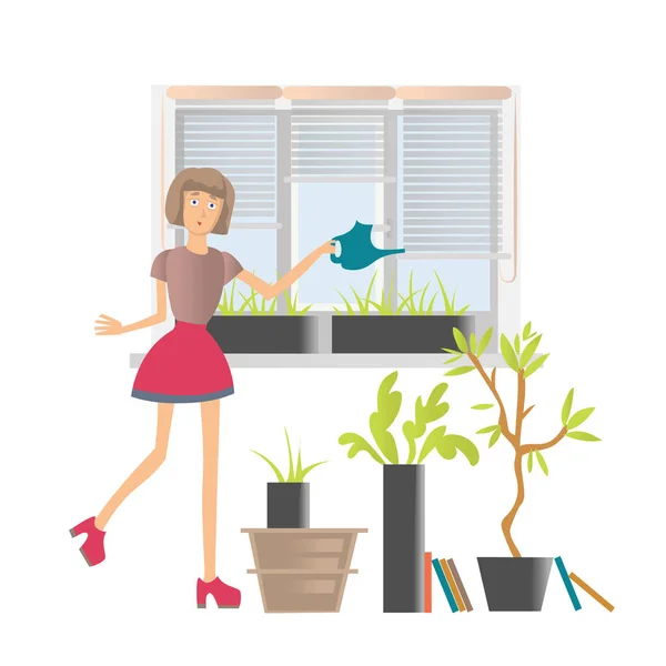 Nő virágok öntözése, otthon vagy az irodában. Vektoros illusztráció rajzfilm, elszigetelt fehér background. — Stock Vector