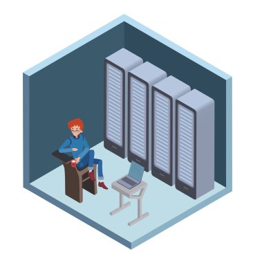 Veri Merkezi simgesini, sistem yöneticisi. Sunucu odasında bilgisayar başında oturan adam. Vektör çizim üzerinde beyaz izole izometrik projeksiyon.