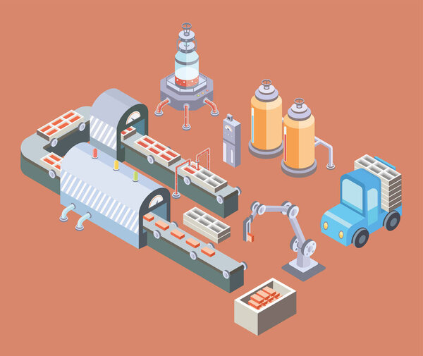 Automated production line. Factory floor with conveyor and various machines. Vector illustration in isometric projection.