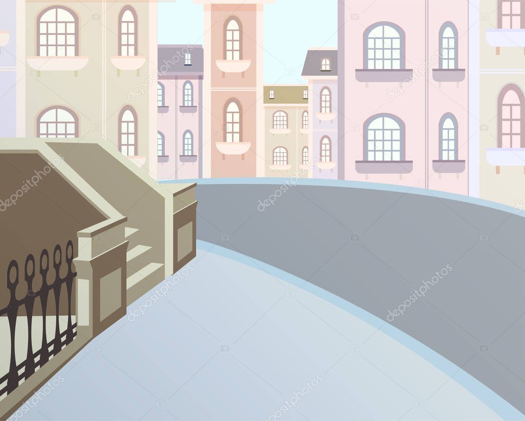 Vector cityscape, urban street and the entrance of the house.