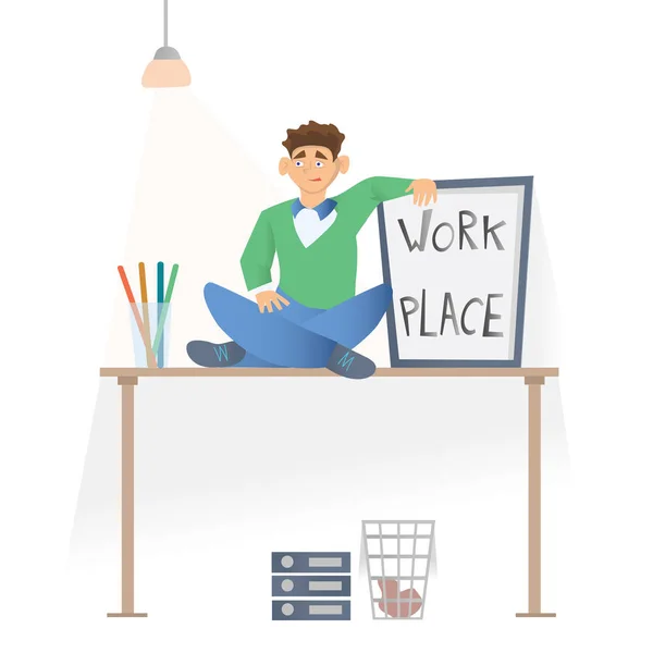 Рабочее место в офисе. Молодой человек в повседневной одежде сидит на рабочем столе. Векторная иллюстрация, изолированная на белом . — стоковый вектор