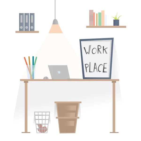 Lugar de trabajo en la oficina. Escritorio con portátil, estantes con carpetas y papelera debajo de la mesa. Ilustración vectorial, aislada en blanco . — Vector de stock