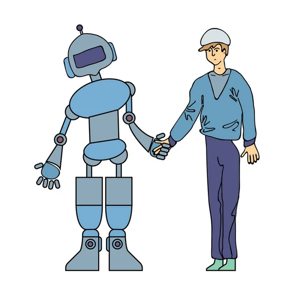 El hombre y el robot se dan la mano. Inteligencia artificial, amistad entre personas y robots. Ilustración del concepto vectorial, aislada en blanco . — Vector de stock