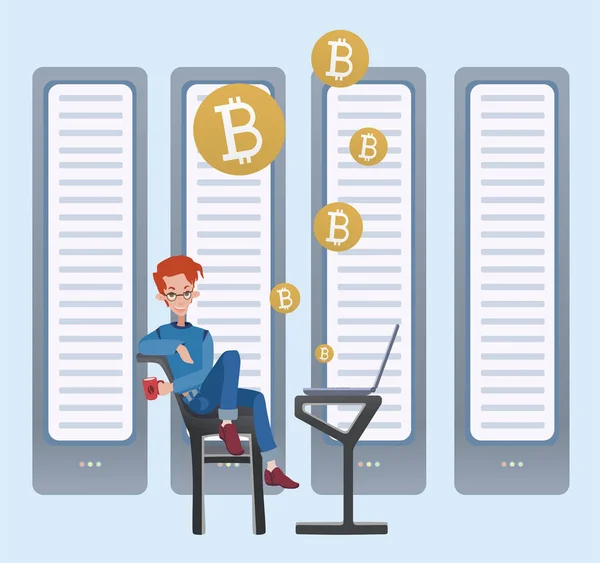Концепция Mining bitcoin. Молодой человек сидит за компьютером в серверной. Криптовалютная шахта. Векторная иллюстрация . — стоковый вектор