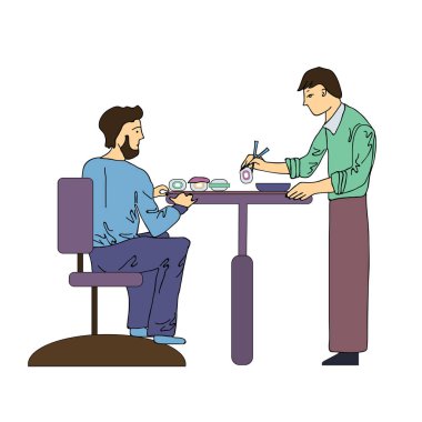İki adam bir Japon lokantasında yemek suşi. Vektör çizim, üzerinde beyaz izole.