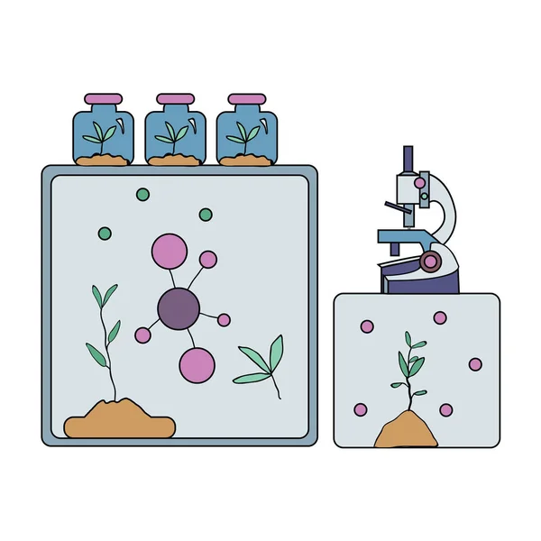 Biochemické laboratorní vybavení. Mikroskop, molekuly a laboratorní zařízení. Vektorové ilustrace, izolované na bílém. — Stockový vektor