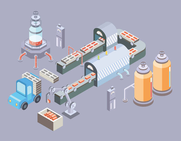 Automated production line. Factory floor with conveyor and various machines. Vector illustration in isometric projection.