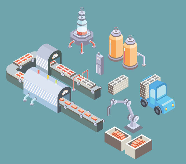 Automated production line. Factory floor with conveyor and various machines. Vector illustration in isometric projection.