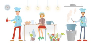 Restoran personeli Tekdüzen mutfakta çalışma. Şef ve yardımcıları yemek hazırlamak. Vektör çizim, üzerinde beyaz izole.