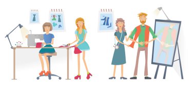 Dikiş Studio, Atelier moda. Kadınlar bir dikiş makinesi ile giysi dikmek. Bir erkek giysileri üzerinde çalışır. Vektör çizim, beyaz arka plan üzerinde izole.