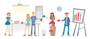 İnsanlar office veya coworking merkezi yerinde kahve içerler. Vektör çizim, üzerinde beyaz izole.