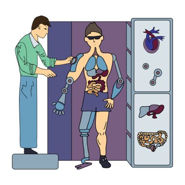 Yapay iç organlar. Cerrahi gelecek. Cerrah ve cyborg. Vektör çizim, üzerinde beyaz izole.
