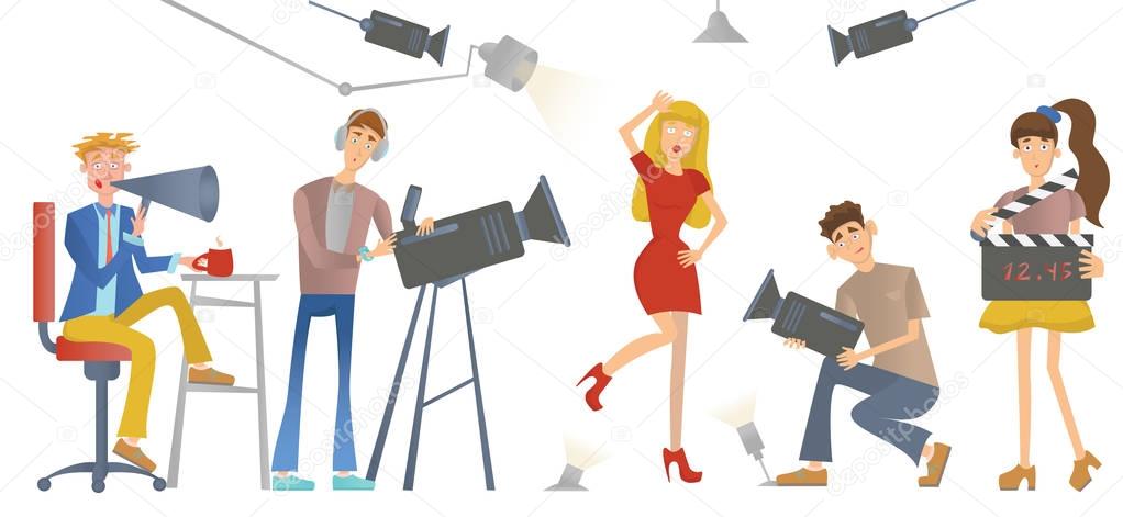 Shooting a movie or a TV show. A director with a loudspeaker, cameramen and an actress or model. Vector illustration.