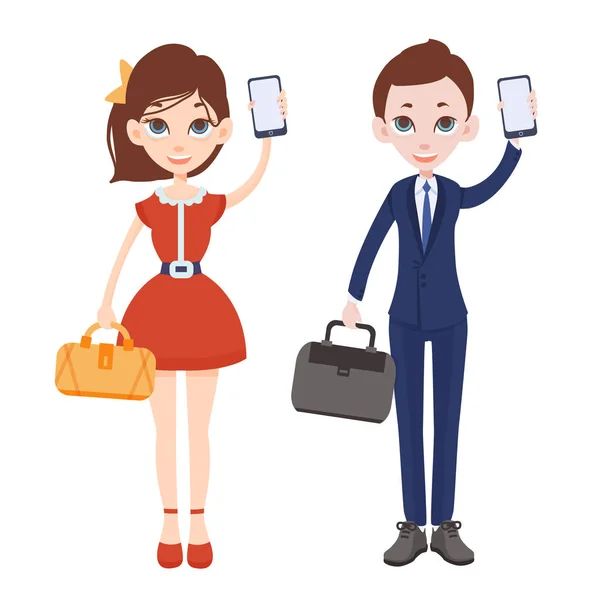 Rajzfilm férfi és a nő a telefonok a kezükben. A táska piros ruhás nő. Ember, egy öltöny, a táskát. Egyik kezével emelt fel és tartja a smartphone. Vektoros illusztráció. — Stock Vector