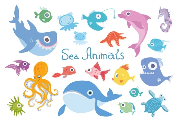 卡通海洋动物组。鲸鱼、 鲨鱼、 海豚、 八达通和其他海洋鱼类和动物。矢量图中，白色背景上孤立. — 图库矢量图片