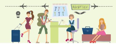 Konuklar otel ve Resepsiyon tezgahın arkasındaki kız. Otel veya pansiyon lobi iç. Vektör çizim.