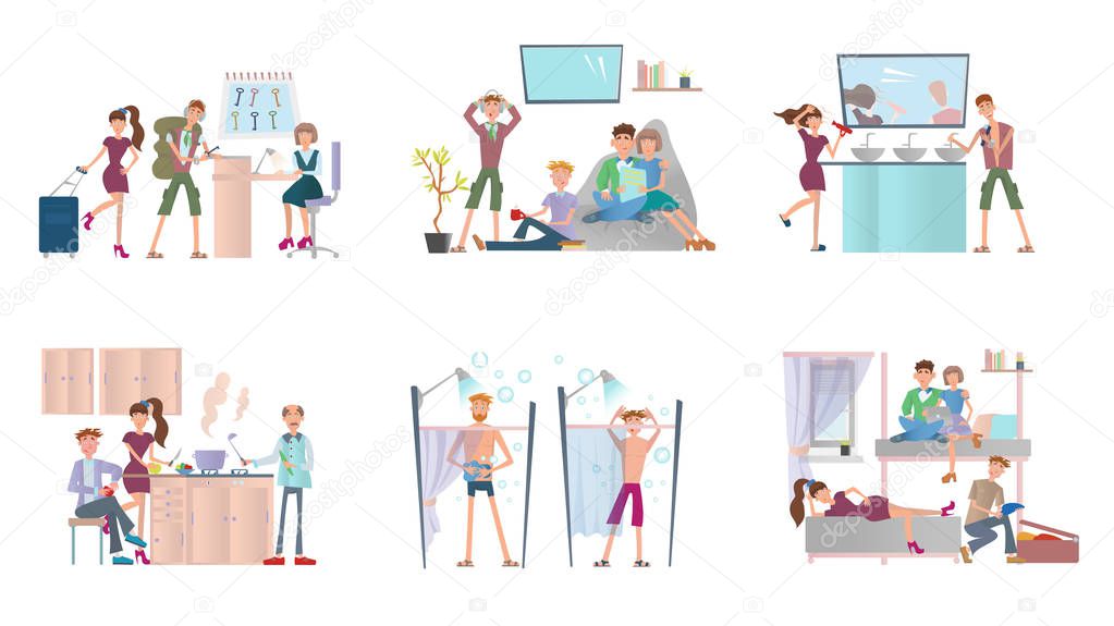 Young people living in hostel. Men and women in cheap hotel. Vector illustration set, isolated on white.