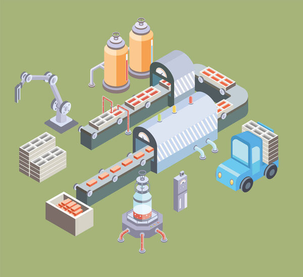 Automated production line. Factory floor with conveyor and various machines. Vector illustration in isometric projection.
