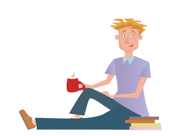 Um jovem sentado no chão ao lado da pilha de livros e bebendo café. Desenhos animados ilustração vetorial, isolado em branco . — Vetor de Stock