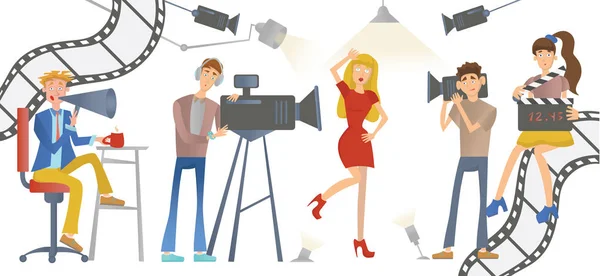 Filmar una película o un programa de televisión. Un director con altavoz, camarógrafos y una actriz o modelo. Ilustración vectorial . — Vector de stock