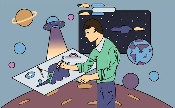 Cientista, astrônomo ou engenheiro desenha desenho. Conceito sobre o tema da exploração espacial. Ilustração vetorial . — Vetor de Stock