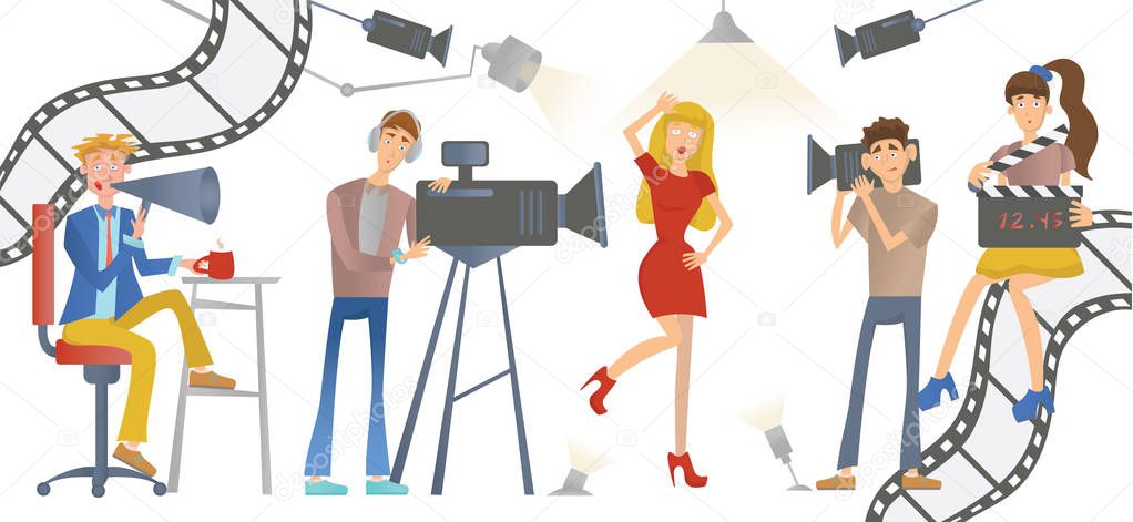 Shooting a movie or a TV show. A director with a loudspeaker, cameramen and an actress or model. Vector illustration.
