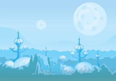 Geleceğin uzay kolonisi şehri. Mars'ın fütüristik binalar ile insan yerleşim. Vektör çizim.