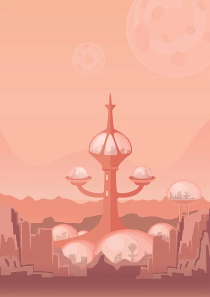 De stad van de toekomst, een kolonie van de ruimte. Menselijke bewoning met futuristische gebouwen op Mars. Vectorillustratie. — Stockvector