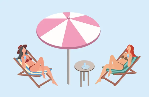 Dos mujeres jóvenes tumbadas en las tumbonas con sombrilla y relajarse. Ilustración isométrica vectorial . — Vector de stock